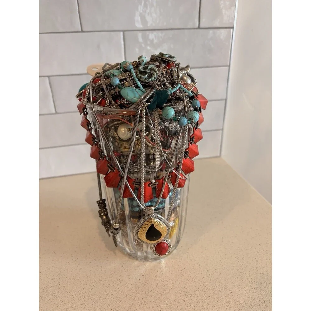 LARGE VTG Native Boho Mystery Jewelry Jar Turquoise Silver Gold Tone Bead